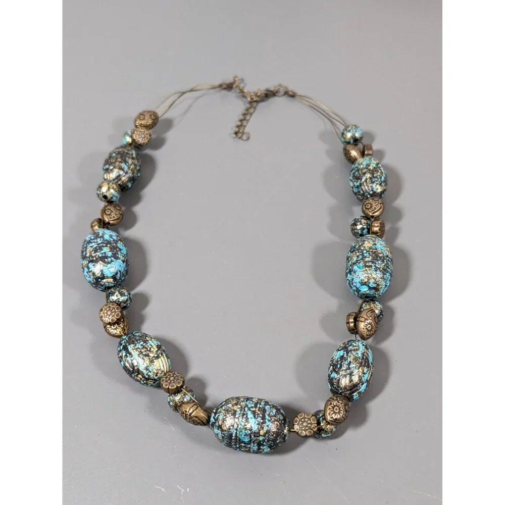 Bronze Tone Green Patina Faux Stone Statement Necklace‎ 20